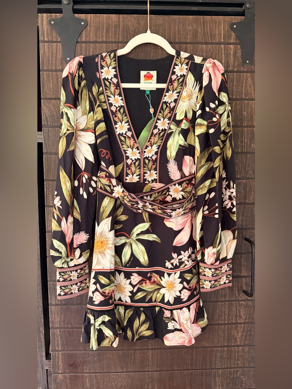 Farm Rio. Black Surreal Flowers Long Sleeve Mini Dress